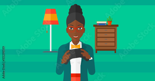 Woman playing video game.