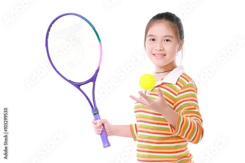 Little girl playing tennis on white background