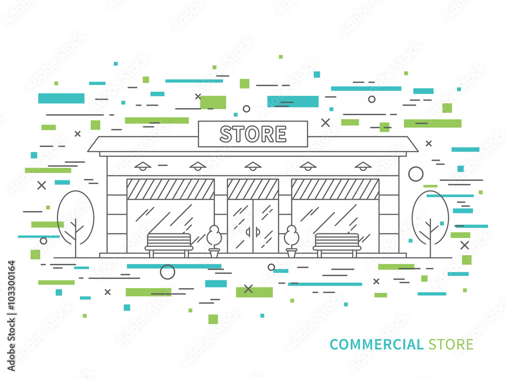 Linear flat exterior (landscape) design illustration of modern store with  windows, trees, decorative elements. Outline vector graphic concept of  store (shop) exterior design. Stock Vector | Adobe Stock