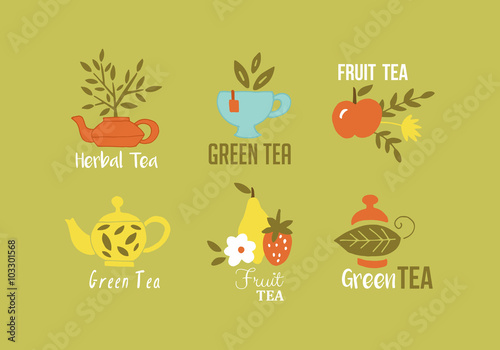 Green tea, herbal tea and fruit tea hand drawing logo design. Is