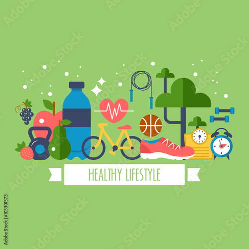 Healthy lifestyle concept with food and sport icons
