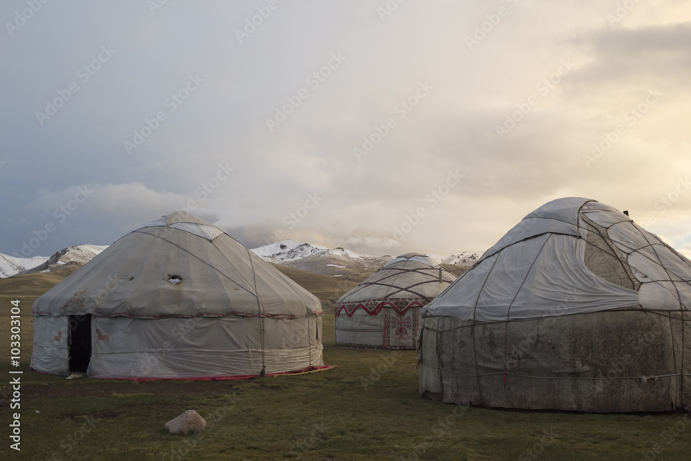 Yurts - traditional nomadic houses in Central Asia. Kyrgyzstan,