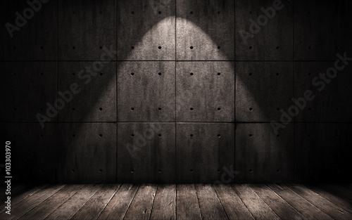 grunge industrial background, a dark underground room with walls of concrete and wooden floor