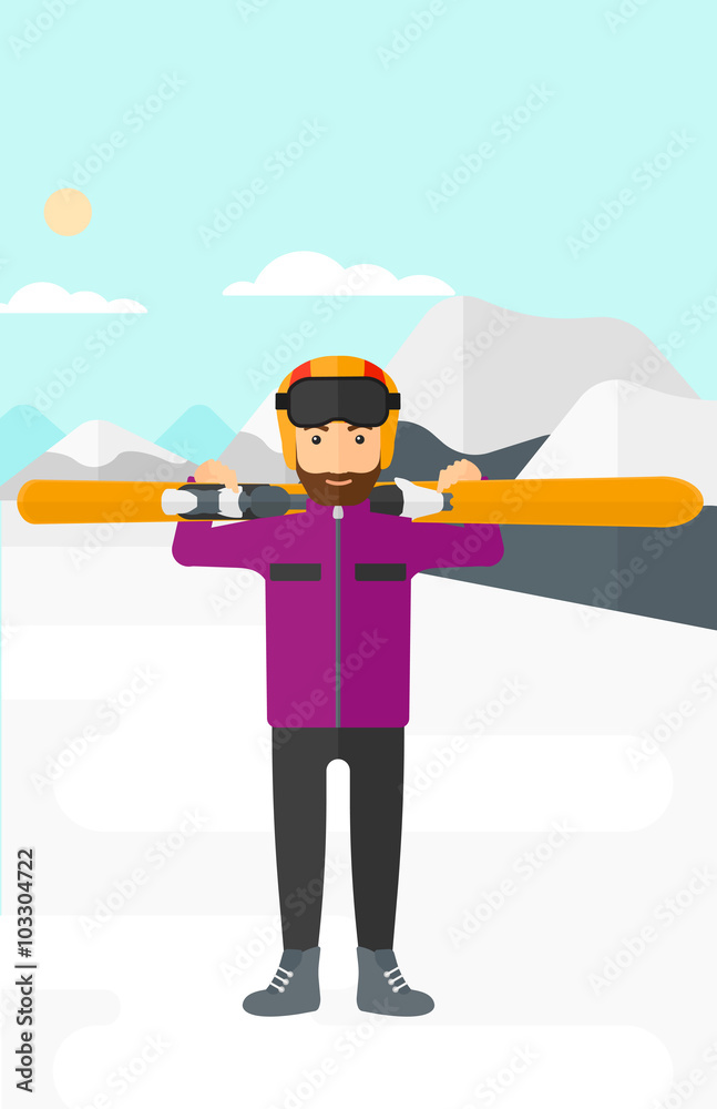 Man holding skis. Man holding skis.