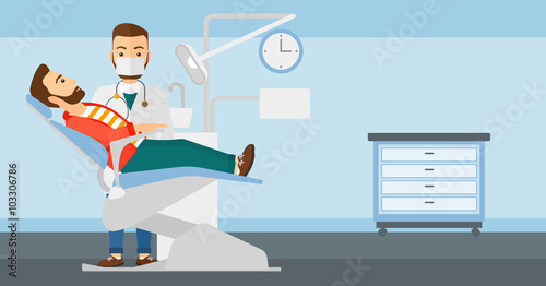 Dentist and man in dentist chair.