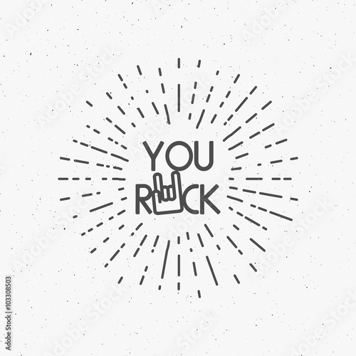 Vintage monochrome rock and roll badge with rock hand sign You Rock. Tattoo vintage design, sunburst, label. Outline design. Rock n roll emblem. Isolate on Retro background. Rock label