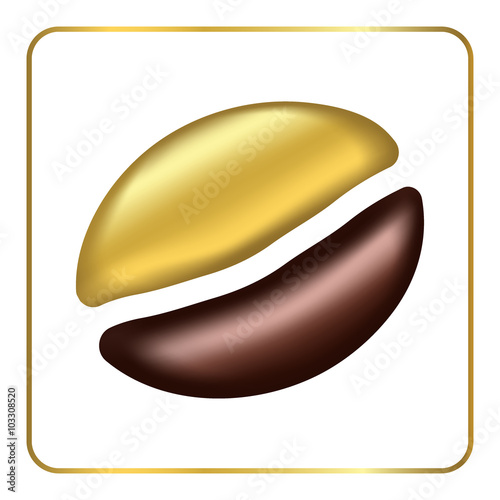 Golden coffee bean singl. Logo gold and brown. Template for design menu coffee house, cafe or restaurant. Label concept menu of beverages. Silhouette isolated on white background. Vector illustration.