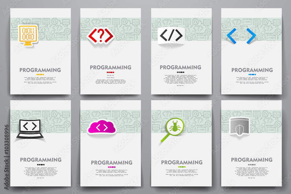 Corporate identity vector templates set with doodles programming theme