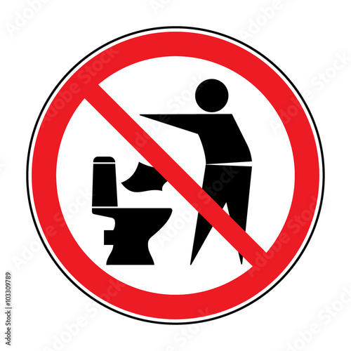 Do not litter in toilet icon. Keep clean sign. Silhouette of a man, throw garbage in a bin, in circle isolated on white background. No littering warning symbol. Public Information. Vector illustration