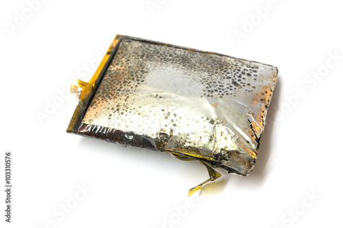 bloat, damage, expire, bad, shot cellphone battery isolated on white background