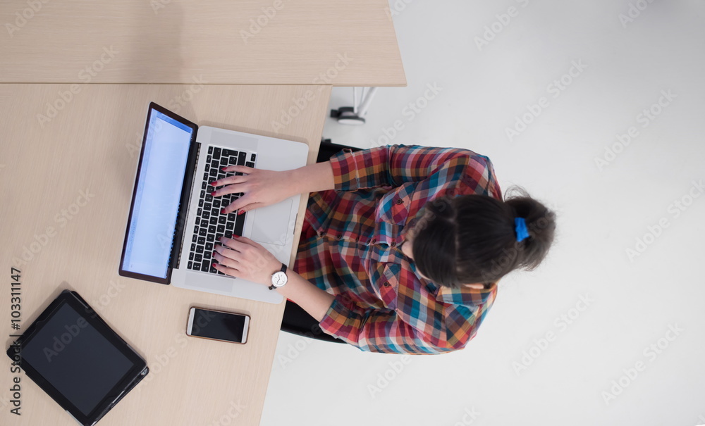 top view of young business woman working on laptop - obrazy, fototapety, plakaty 