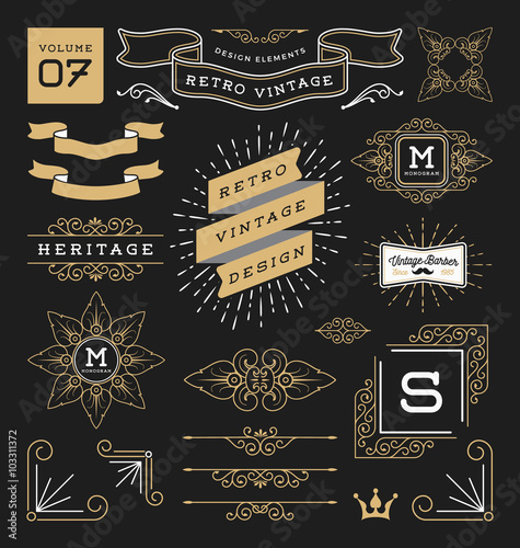 Set of retro vintage graphic design elements. Sign, frame labels, ribbons, logos symbols, crowns, corner, flourishes line and ornaments. Vector illustration