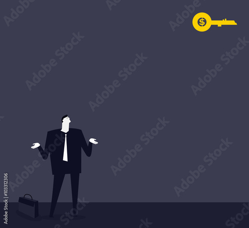 How to get the key? / A businessman is thinking about how to get the key in high.