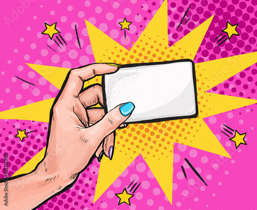Female hand  holding a card in Pop art style.Pop art background. Party invitation. pop art, pop art design, pop art illustration, bubble, comic,message, business card, visiting card, calling card,info