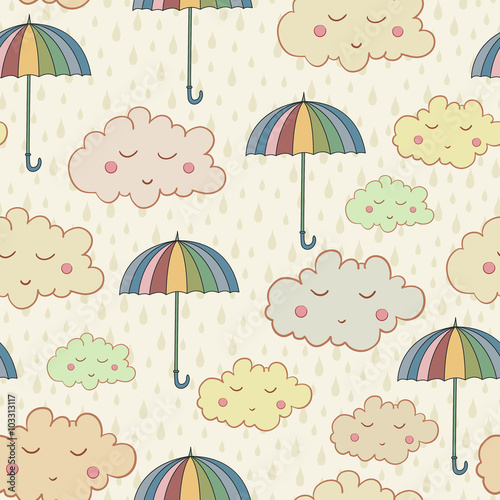 Seamless pattern with cute sleeping clouds umbrellas and rain we