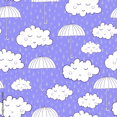 Seamless pattern with cute sleeping clouds and umbrellas
