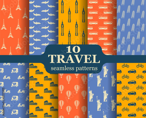 Cute set of seamless patterns with different landmarks and transports