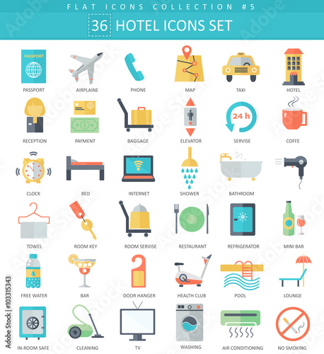 Vector hotel color flat icon set. Elegant style design.