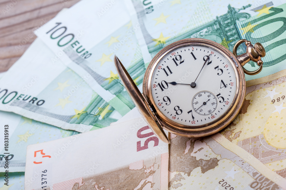 Time is money concept with euros and golden pocket watch. Time is money concept with euros and golden pocket watch.