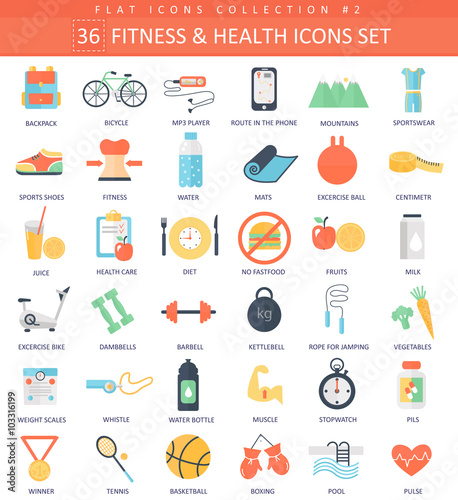 Vector fitness and health color flat icon set. Elegant style design.