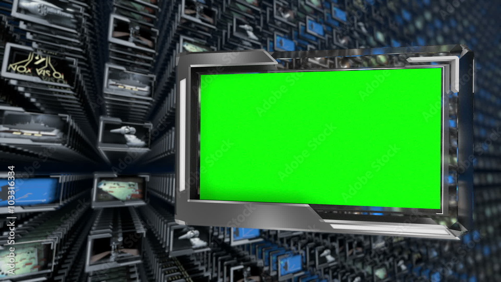Modern style tv screen background with green screen popping up and zooming in.