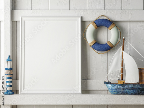 Mock up poster frame with on wooden background, hipster interior background, 3D render