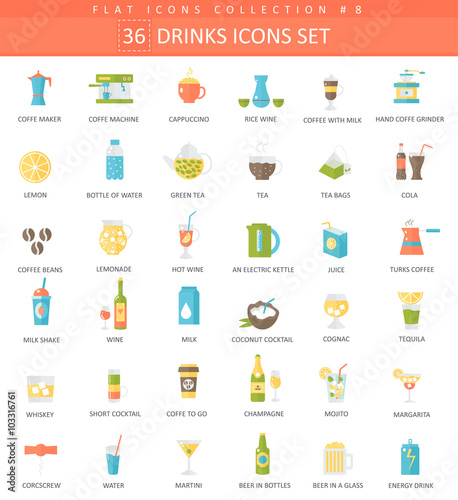 Vector drinks color flat icon set. Coffee, alcogol and tee. Elegant style design.