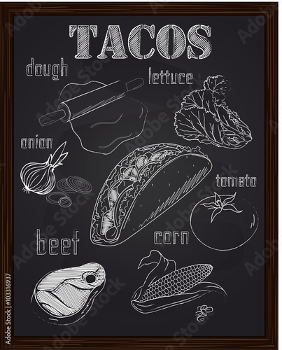 tacos with ingredients salad tomato onion cheese corn beef