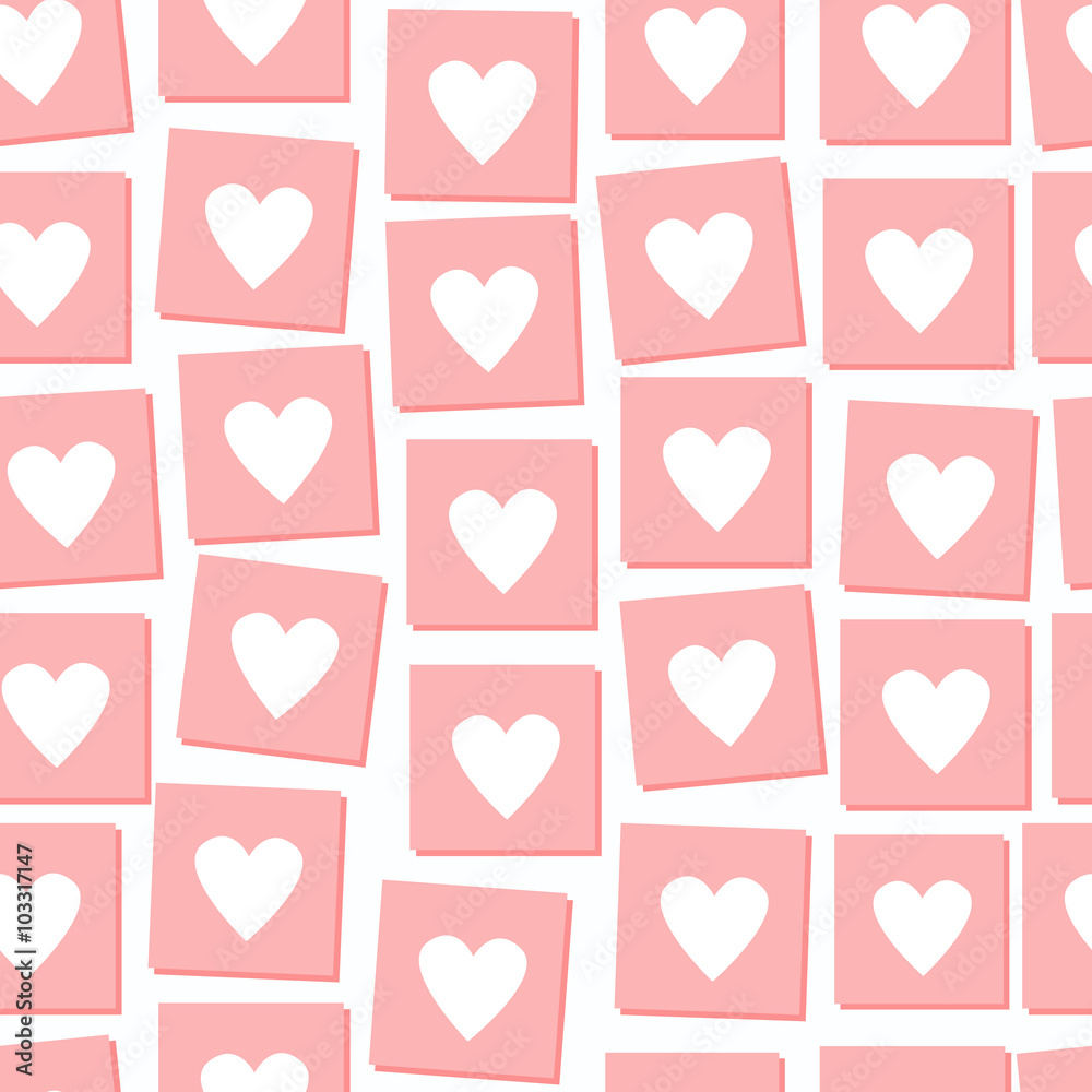 Vector illustrated seamless pattern of white hearts in pink squares.