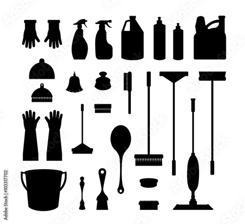 There are many silhouettes of housecleaning tools.