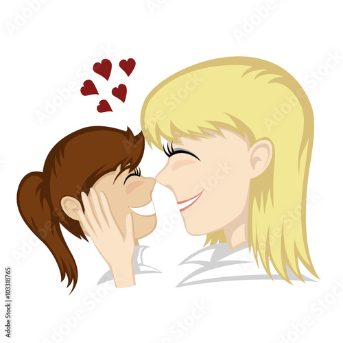 A cute brunette girl and blonde mother's faces (mother caresses).