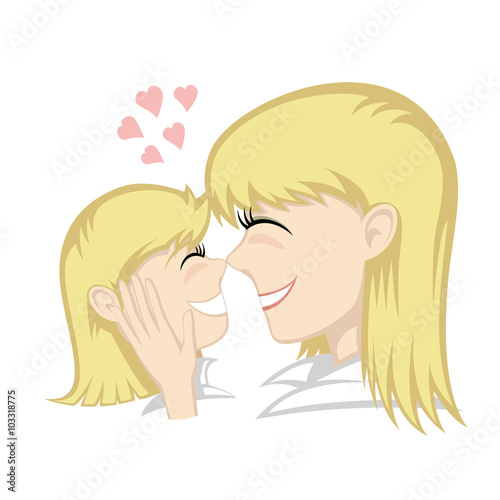 A cute blonde girl and blonde mother's faces (mother caresses).