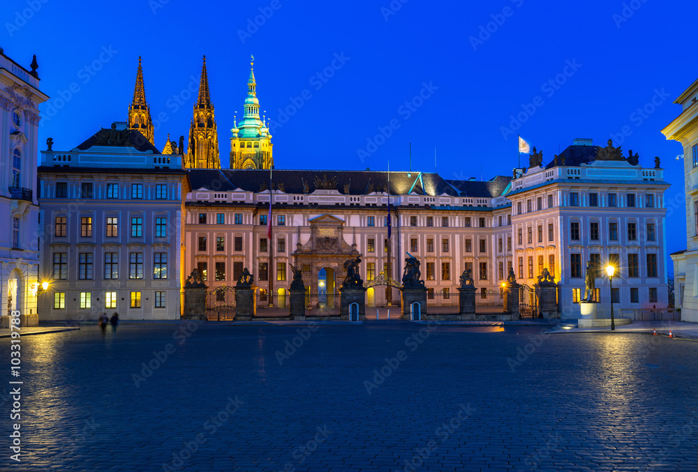 Night view of Prague Castle and Hradcany square in Prague, Czech Republic.