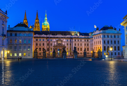 Night view of Prague Castle and Hradcany square in Prague  Czech Republic.