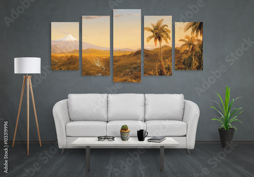 Art canvas in five parts. Landscape theme. Sofa, lamp, plant and table in room interior.