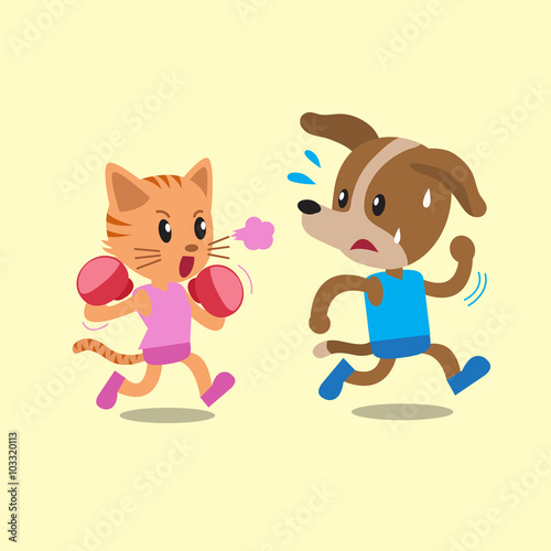Cartoon cat doing boxing with dog