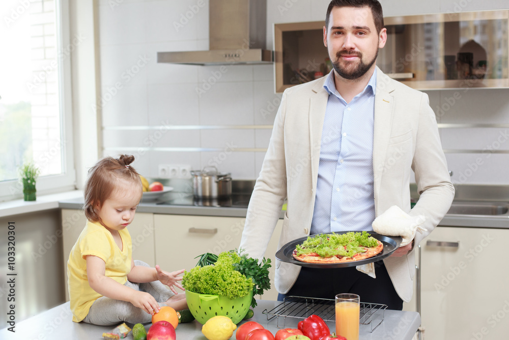 happy father and his child have fun during lunch happy father and his child have fun during lunch