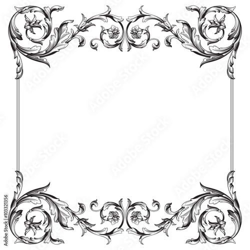 Vintage baroque frame scroll ornament engraving border floral retro pattern antique style acanthus foliage swirl decorative design element filigree calligraphy vector | damask - stock vector