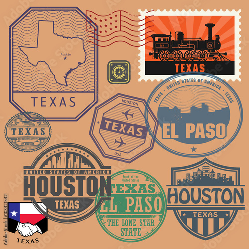 Stamp set with the name and map of Texas, United States