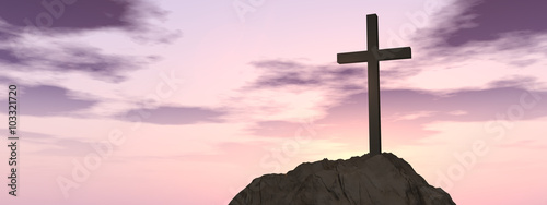 Conceptual cross religion symbol shape over sunset sky banner