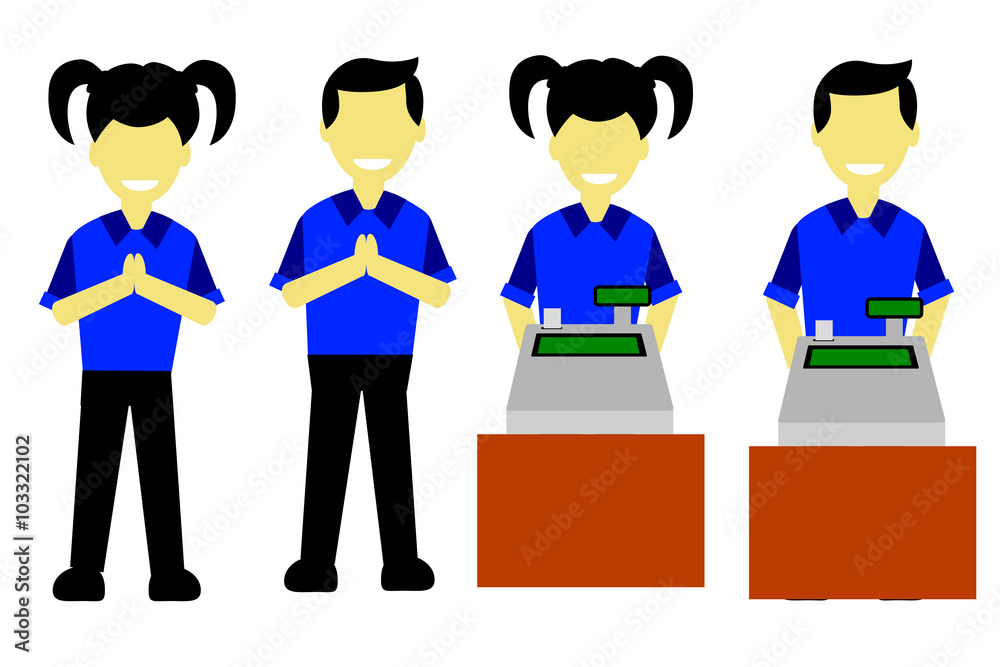 Naklejka premium Cashier, sales promotion girl and sales promotion boy, isolated on white