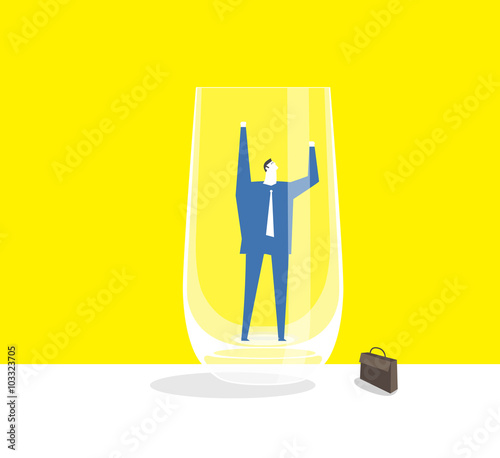 Help! Help! /  A business man trapped in a glass cup.