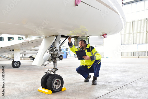 Mechaniker kontrolliert Fahrwerk eines Flugzeuges im Hangar // 
Mechanics controlled chassis of an airplane in the hangar photo