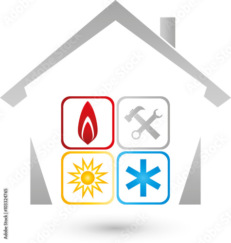 Haus, Sonne, Schnee, Flame, Installateur Logo