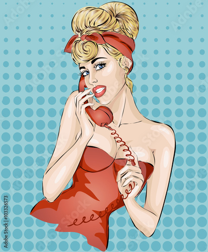 Sexy Pin-up woman with phone answer the call