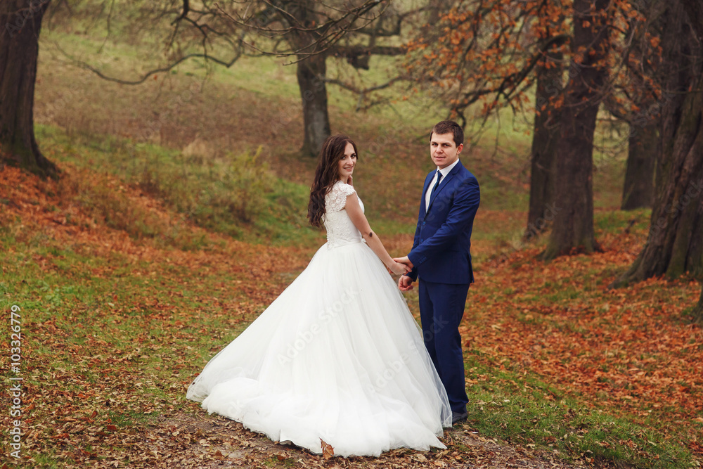Newlywed bride and groom holding hands in autumn forest field