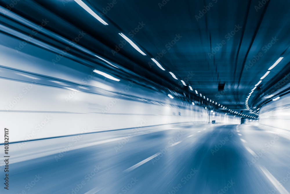 Blue color tunnel car driving motion blur - obrazy, fototapety, plakaty 