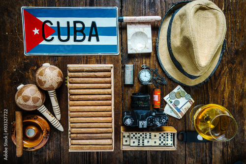 Items related to travel to Cuba concept , from above. photo