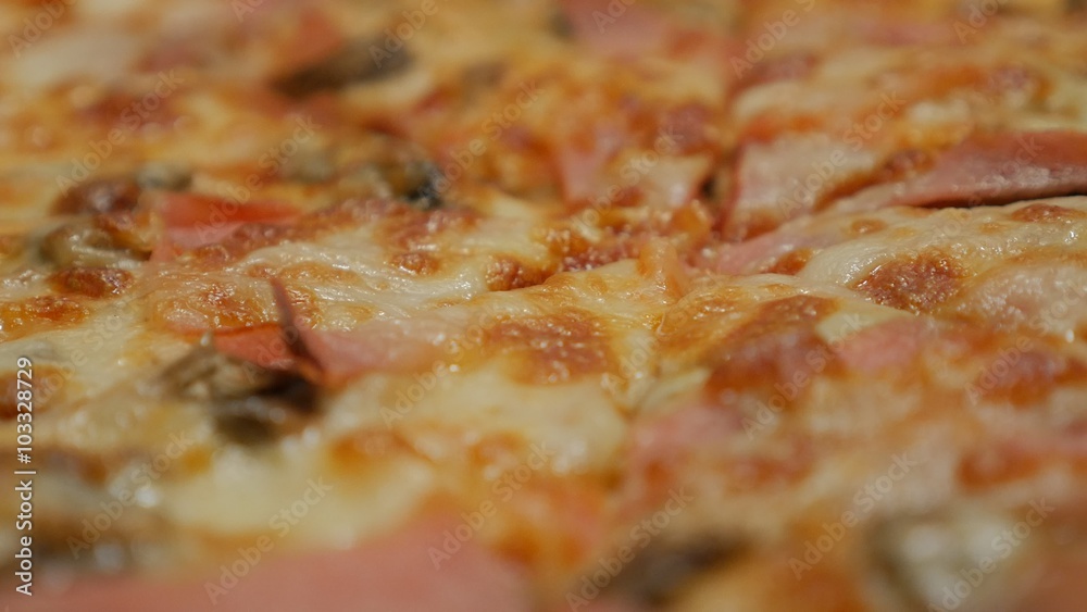 Italian cuisine pizza baked shallow DOF slow panning 4K 3840X2160 UHD video - Tasty pizza cutted on pieces shallow DOF 4K 2160p UltraHD footage
