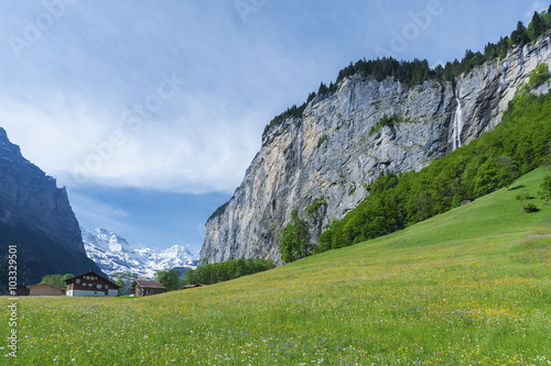 Idyllic landscape of Lauterbrunnen valley, Switzerland.